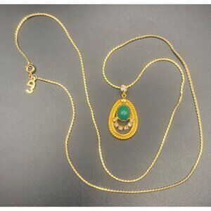 Vintage 3D Gold Tone Necklace Green Cabochon Rhinestone Pendant Rope Accent 24"